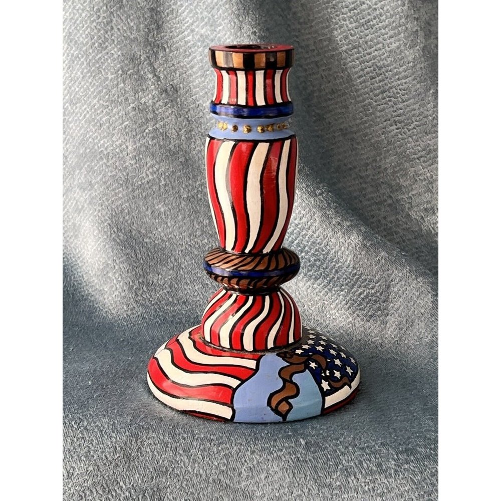 Americana Handmade Wooden Country Patriotic Candlestick Signed by Artist